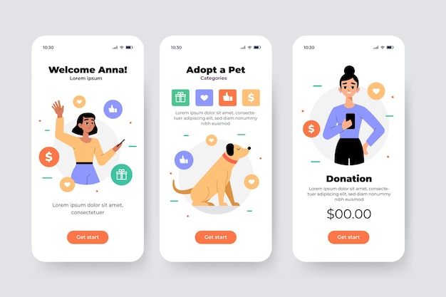 Vetor grátis telas da interface do aplicativo de caridade