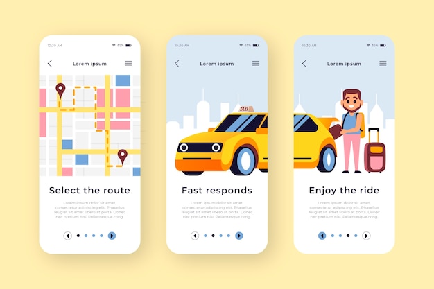 Vetor grátis telas de aplicativos de integração de serviço de táxi