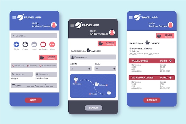 Telas de aplicativos de reservas de viagens