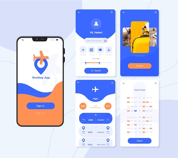 Telas de aplicativos de reservas de viagens