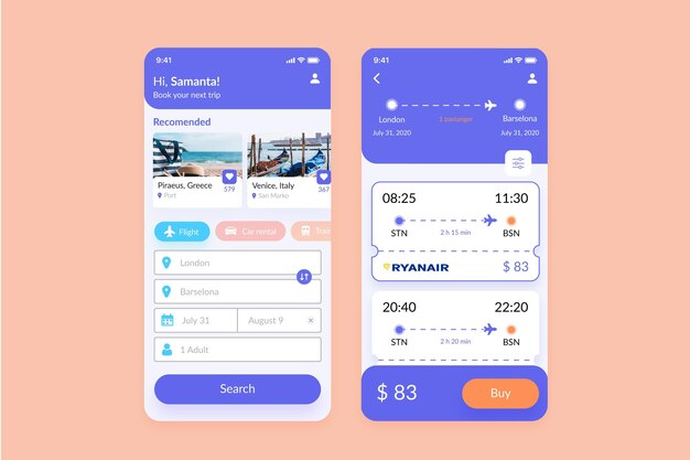 Telas de aplicativos de reservas de viagens