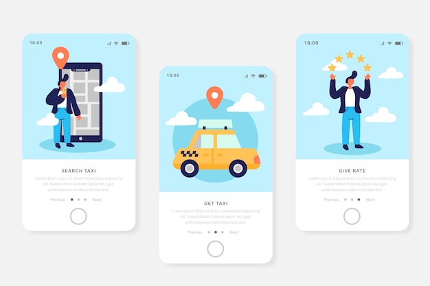 Vetor grátis telas de aplicativos integradas para serviço de táxi