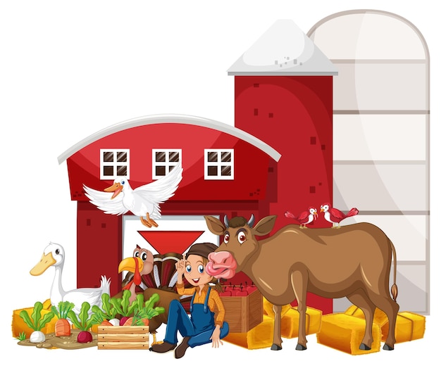 Tema de agricultura com agricultor e animais