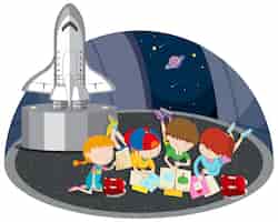 Vetor grátis tema de astronomia com crianças e nave espacial