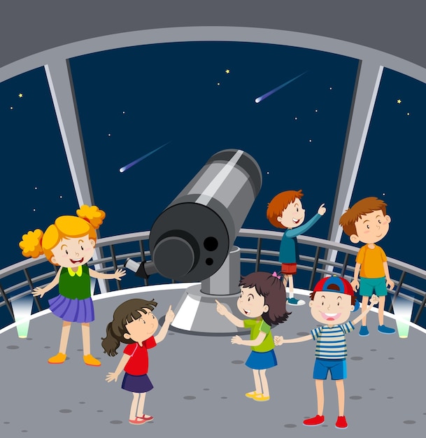Vetor grátis tema de astronomia com crianças olhando estrelas