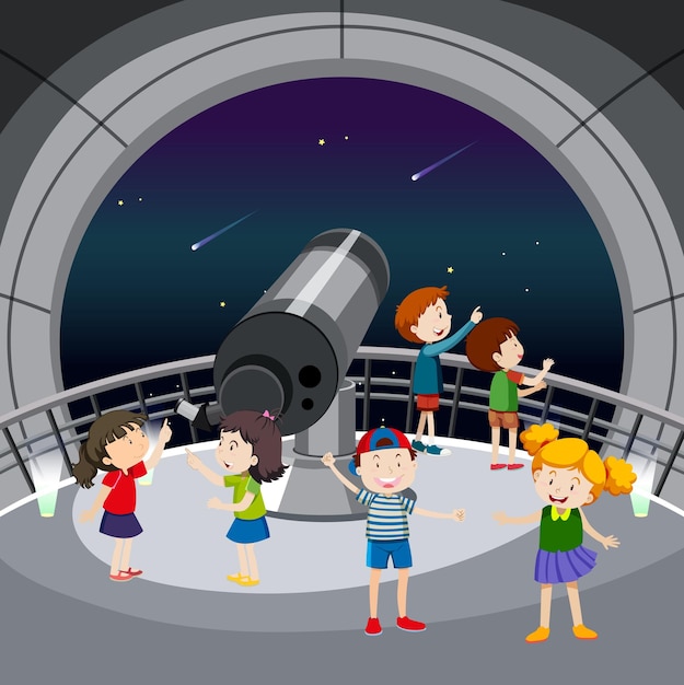 Vetor grátis tema de astronomia com muitas crianças olhando estrelas
