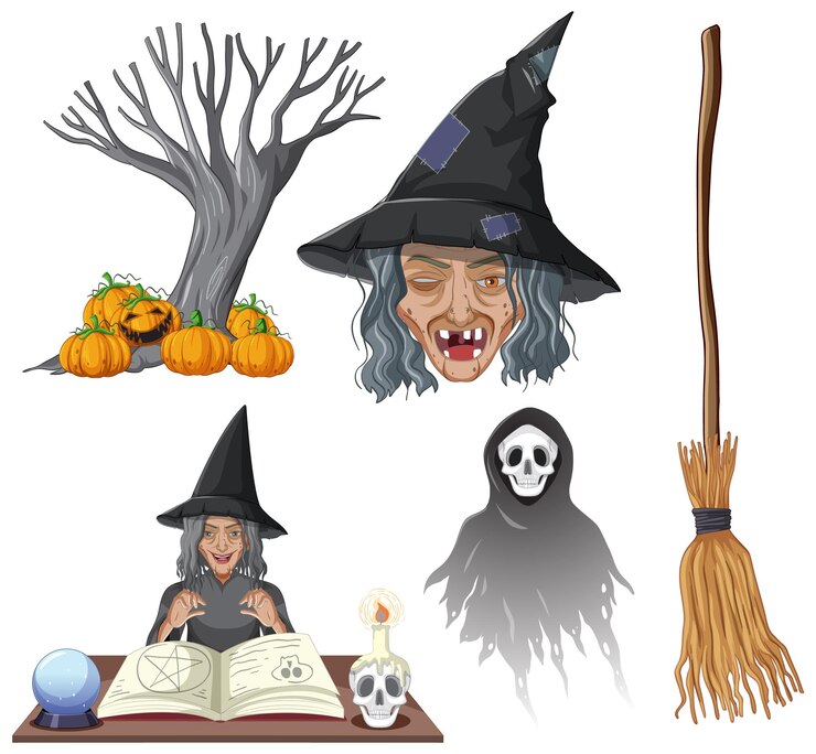 Vetor grátis tema de halloween com bruxa e fantasma