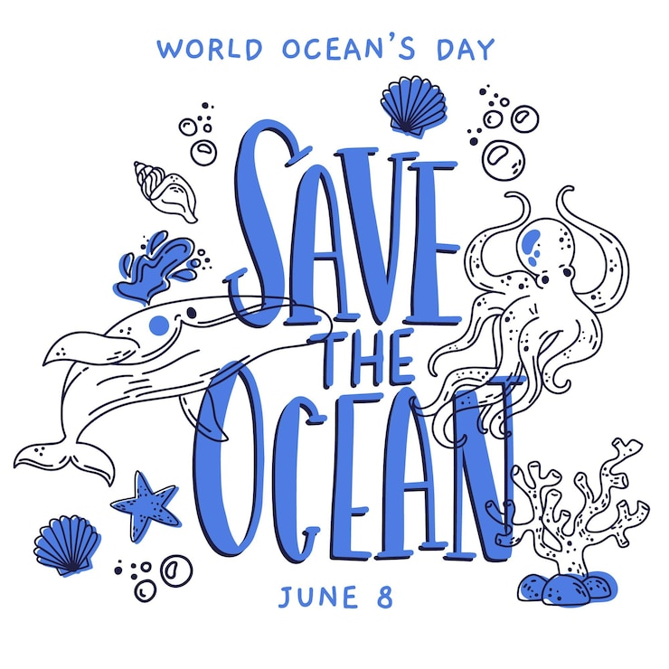 Vetor grátis tema de ilustração desenhada dia mundial dos oceanos