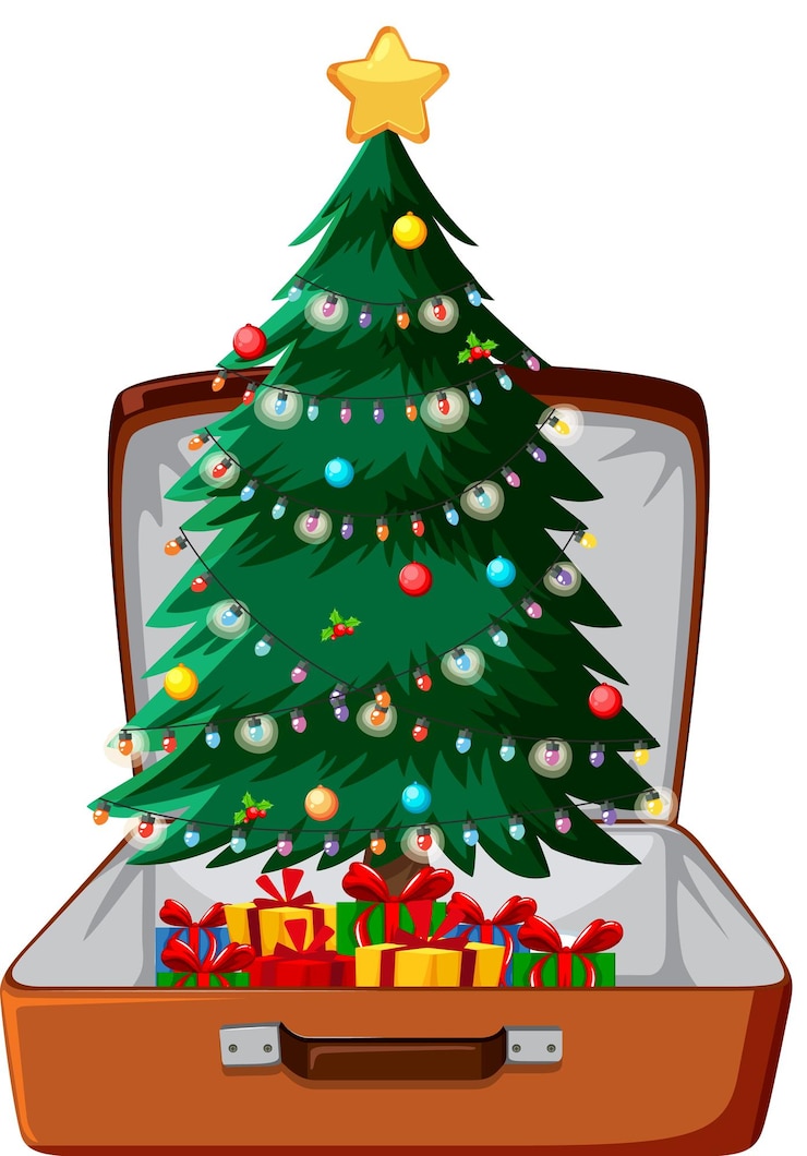 Vetor grátis tema de natal com árvore de natal em uma bagagem em fundo branco