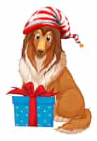 Vetor grátis tema de natal com cachorro e caixa de presente