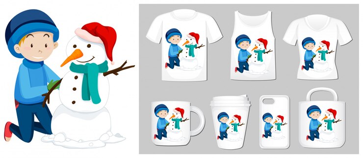 Vetor grátis tema de natal com menino e boneco de neve em modelos de produtos