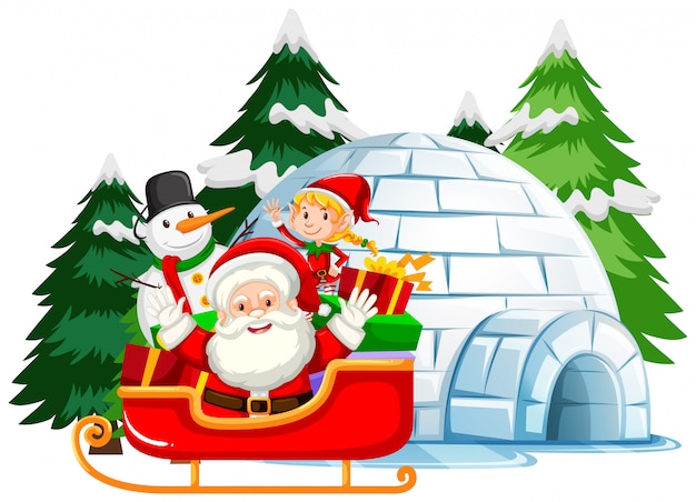 Vetor grátis tema de natal com papai noel e elfo no trenó