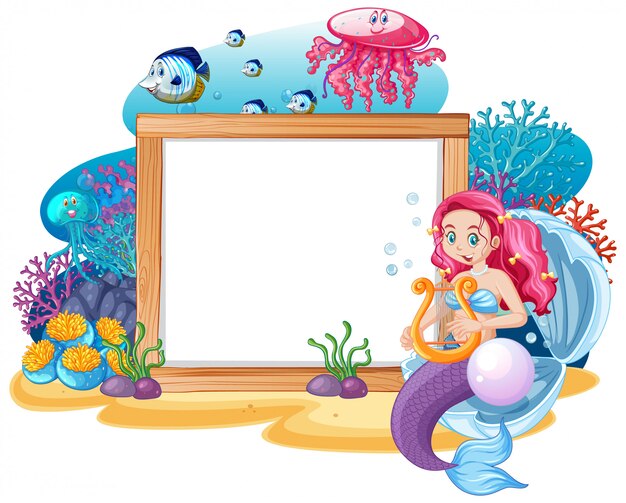 Tema de sereia e animal marinho com estilo de desenho animado de banner em branco sobre fundo branco