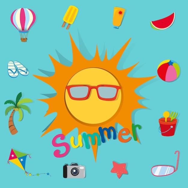 Tema de verão com sol e objetos