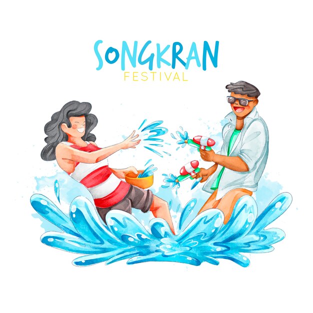 Tema do festival de songkran em aquarela