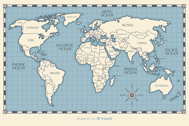 Vetor grátis tema vintage de desenho para o mapa do mundo