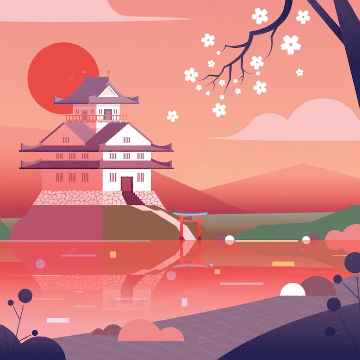Vetor grátis templo japonês gradiente com flores brancas