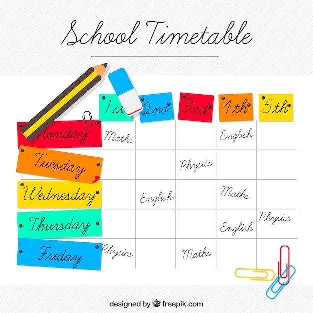 Vetor grátis tempo colorido da escola com caneta e outros elementos