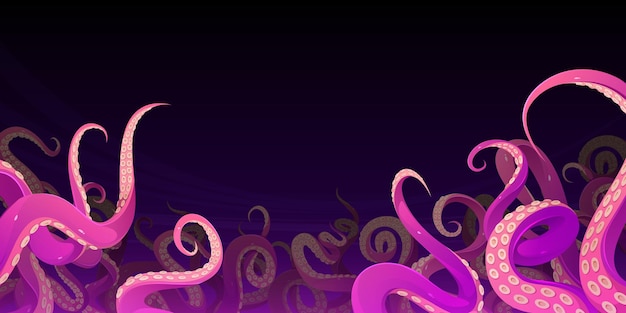 Tentáculos de polvo, lula ou kraken nas profundezas do mar. ilustração de desenho vetorial do fundo do oceano com braços de monstros assustadores, tentáculos de polvo gigantes roxos e rosa com ventosas