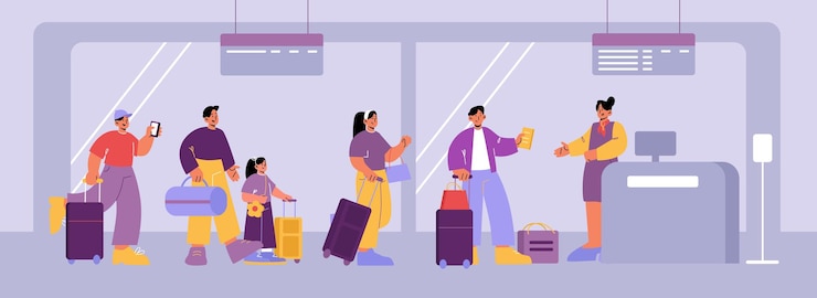 Vetor grátis terminal do aeroporto com balcão de verificação. pessoas com malas na fila para registro de partida. ilustração plana vetorial de passageiros com bagagem e bilhetes na fila para o balcão de check-in