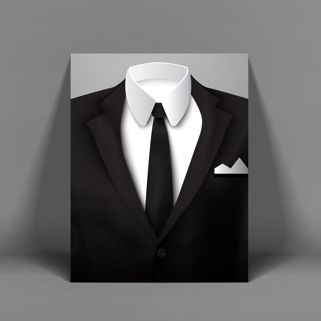 Terno masculino elegante com pôster de gravata borboleta na parede cinza claro