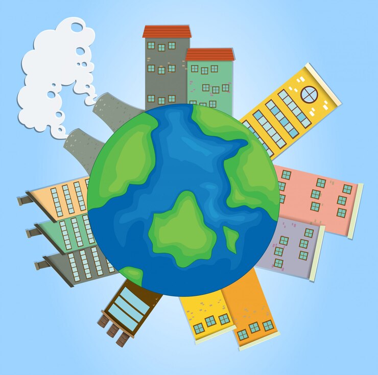 Vetor grátis terra com edifícios e fábricas