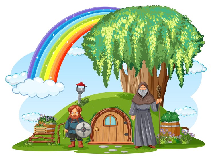 Vetor grátis terra mágica com personagens de desenhos animados medievais