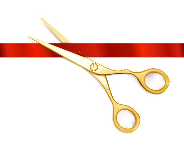 Tesoura corta fita vermelha. Tesouras de cerimônia aberta, celebração de evento, início de negócios, novo começo. Tesoura e ilustração vetorial de ribbo vermelho