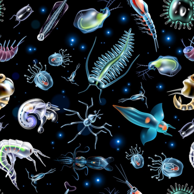 Vetor grátis teste padrão abstrato colorido que consiste em luzes brilhantes e imagens luminescentes de plâncton marinho na ilustração de fundo escuro
