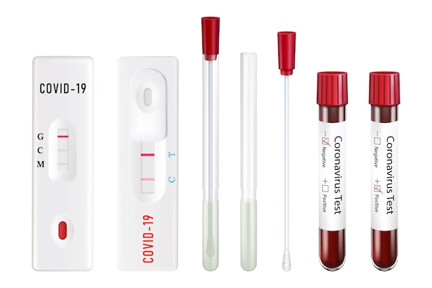 Testes para coronavírus. tubo de ensaio estéril com cotonete para amostras, tubo de ensaio com sangue, teste expresso retangular. positivo e negativo. conjunto de vetores de ilustração 3d realista.
