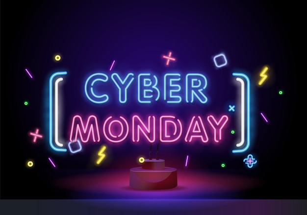 Texto de banner de segunda-feira cibernética de néon e título de segunda-feira cibernética com luzes de néon no fundo escuro com...
