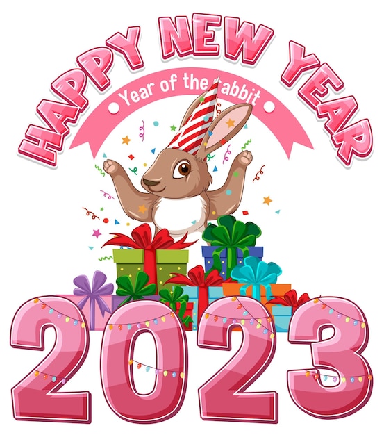 Texto de feliz ano novo com coelho fofo para design de banner