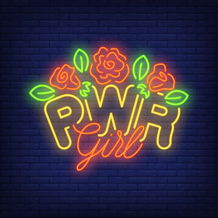 Vetor grátis texto de néon da menina de pwr com logotipo das flores. sinal de néon, anúncio brilhante da noite