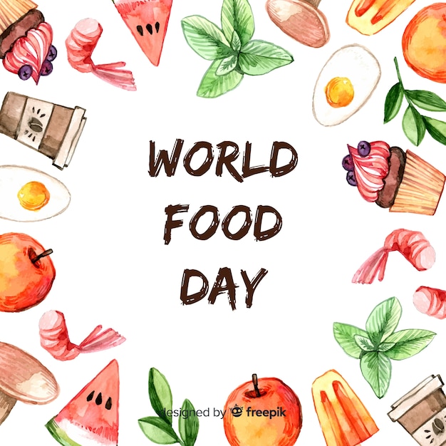 Texto do Dia Mundial da Alimentação, rodeado por alimentos