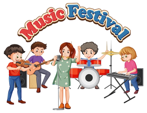 Vetor grátis texto do festival de música com banda de música infantil