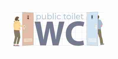 Vetor grátis texto plano de banheiro público com letras grandes wc entre portas com ilustração vetorial de sinais masculinos e femininos