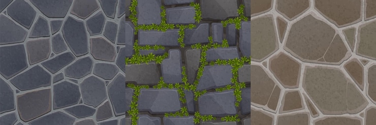 Vetor grátis texturas de pedra de jogo padrões sem costura de parede de pavimento com vista superior de rochas, hera ou piso, fundos naturais texturizados, superfície de paralelepípedos realista, gráficos 2d ui ou gui, conjunto de camadas vetoriais