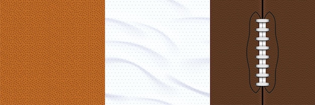 Vetor grátis texturas de superfície de bolas de futebol americano e basquete de camisa esportiva conjunto realista de vetores de padrões sem costura de couro de pele de porco com laços têxteis de camisa branca atlética com rugas