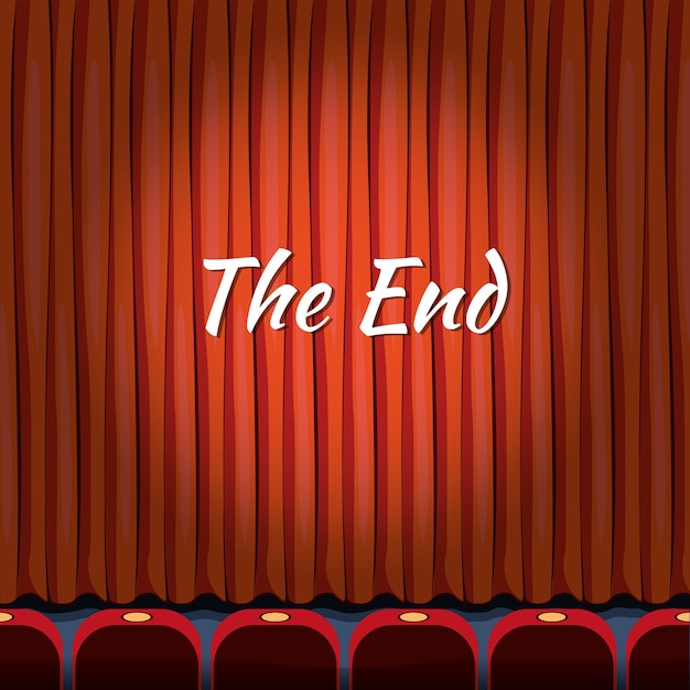 Vetor grátis the end, letras sobre a cortina vermelha fecham o conceito de teatro, fim ou acabamento, show ou entretenimento