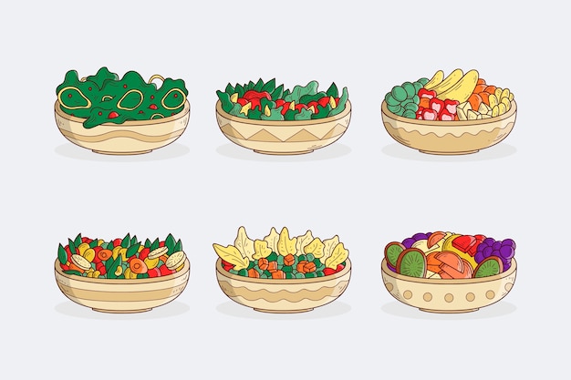 Tigelas de frutas e saladas