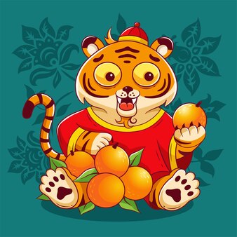 Tigre de desenho animado em traje tradicional chinês segura o símbolo chinês da felicidade. ilustração