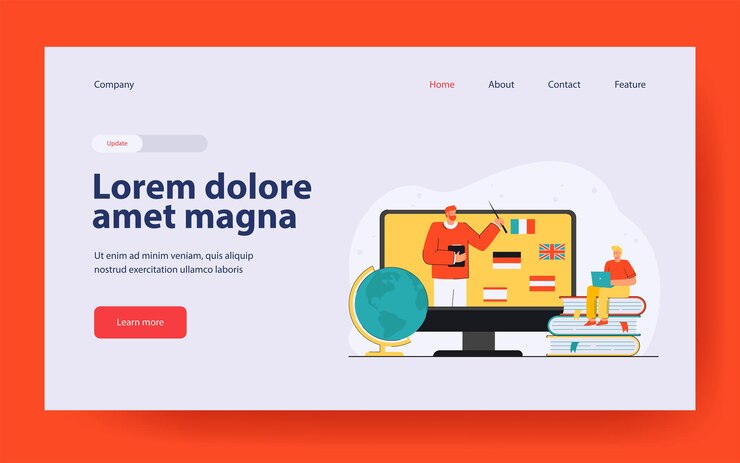 Vetor grátis tiny man aprendendo línguas estrangeiras na página de destino on-line em estilo simples