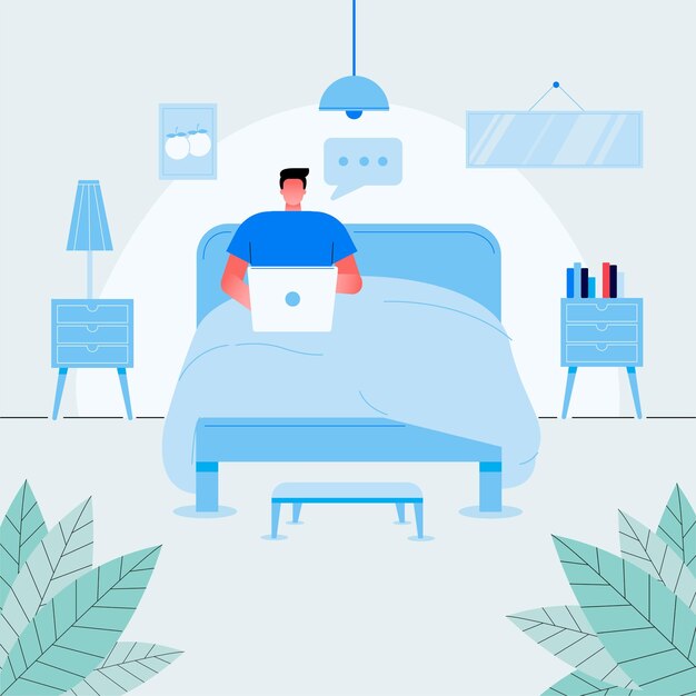 Tipo de freelancer relaxado sentado na cama com ilustração plana de vetor de vista frontal do laptop.