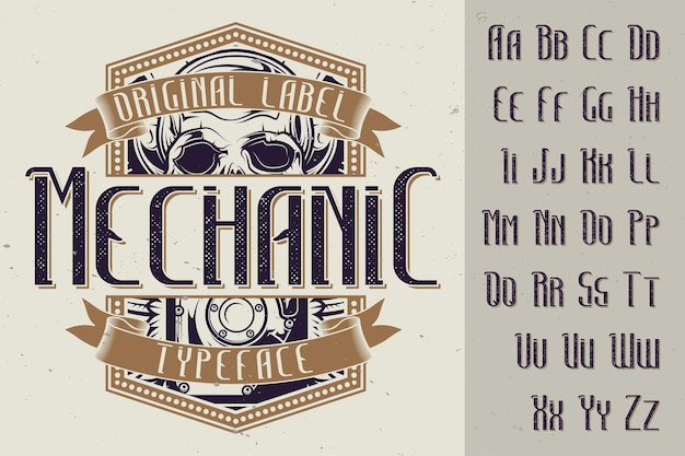 Vetor grátis tipo de letra da etiqueta original denominado 'mechanic'. bom para usar em qualquer design de etiqueta.