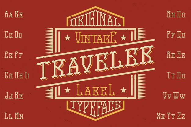 Tipo de letra da etiqueta original denominado 'Traveller'. Bom para usar em qualquer design de etiqueta.