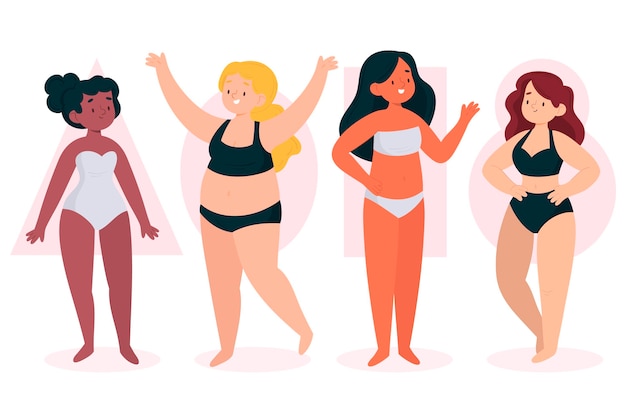 Tipos de formas do corpo feminino desenhados à mão plana