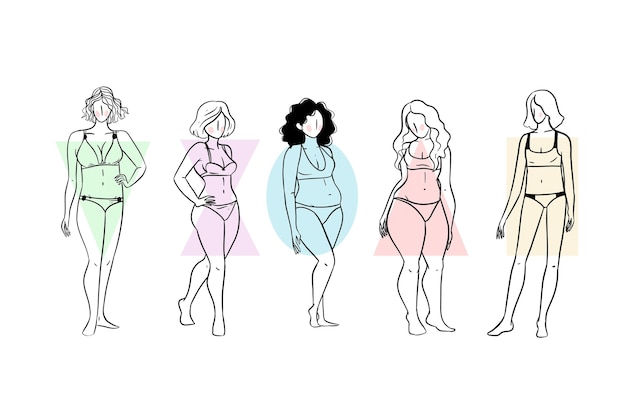Tipos de formas do corpo feminino desenhados à mão