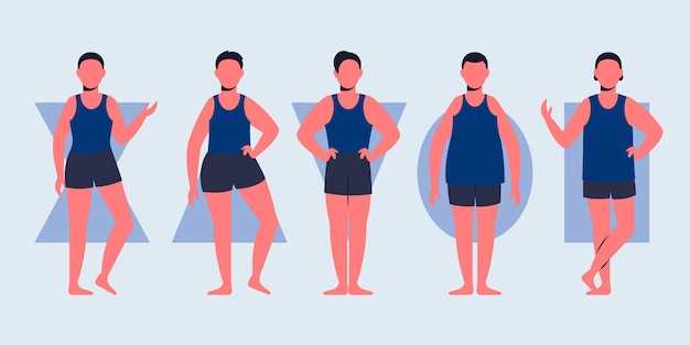 Tipos de formas do corpo masculino desenhados à mão plana