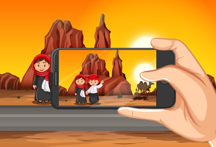 Vetor grátis tirando foto de viagem com smartphone no plano de fundo da vista