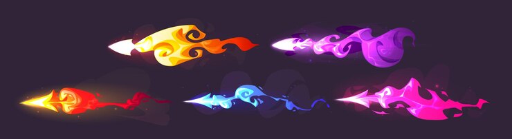 Vetor grátis tiros de arma a laser isolados em fundo preto ilustração de desenho animado vetorial de flechas de néon coloridas queimando com fogo e fumaça brilhando com púrpura rosa azul efeitos mágicos blaster ataque